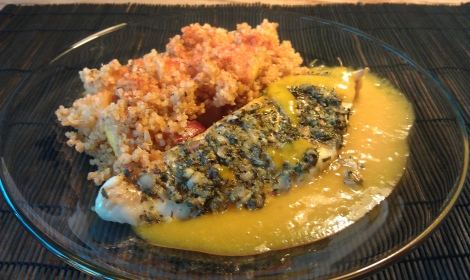 zesty cod with nectarine ginger quinoa and apricot puree