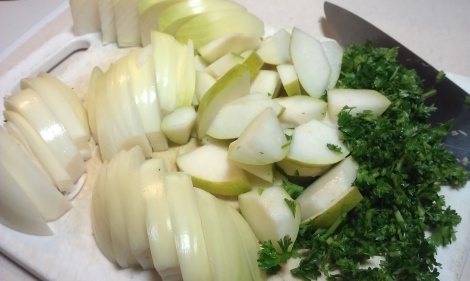 Onions, pear, and parsley cut for low-amine curried chicken. (photo)