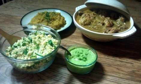 Curried chicken served with a quinoa salad, horseradish avocado lime dressing, and a modified ras el hanout spiced spaghetti squash. (photo)